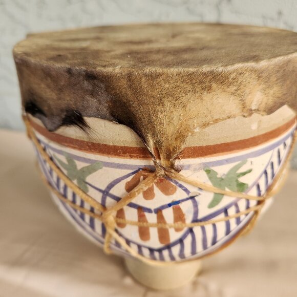 Moroccan Hand-Painted Ceramic Bongo Drums with Goat Hide – Handmade Folk Art - Picture 9 of 16